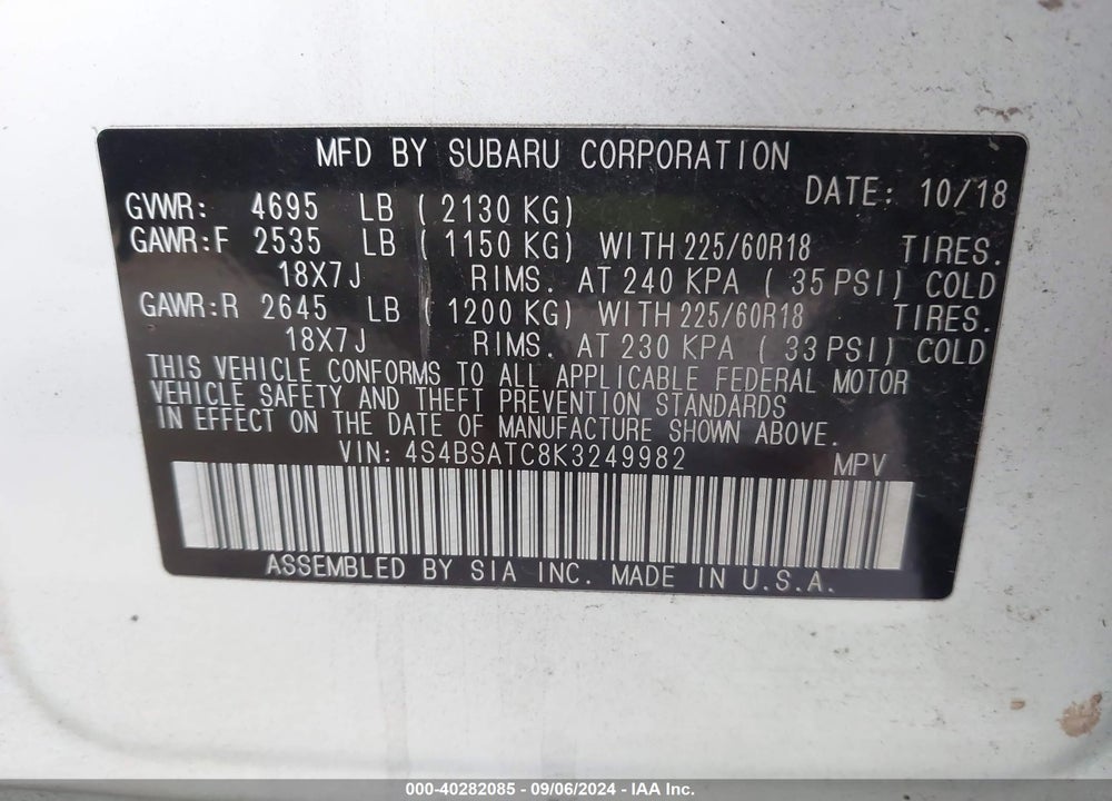 2019 SUBARU OUTBACK 2.5I TOURING VIN: 4S4BSATC8K3249982
