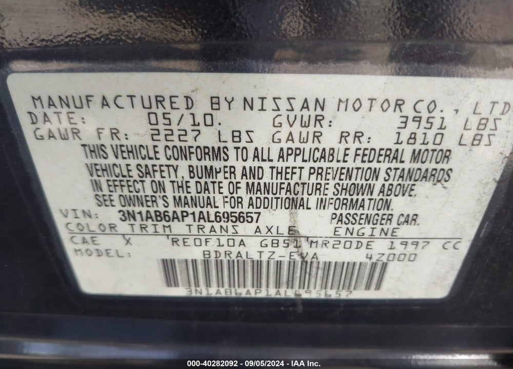 2010 NISSAN SENTRA 2.0S VIN: 3N1AB6AP1AL695657