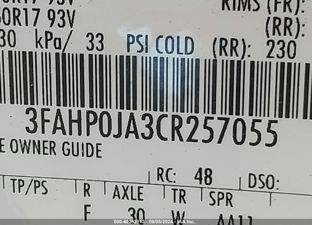 2012 FORD FUSION VIN: 3FAHP0JA3CR257055