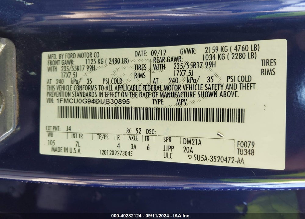 2013 FORD ESCAPE SE VIN: 1FMCU0G94DUB30895
