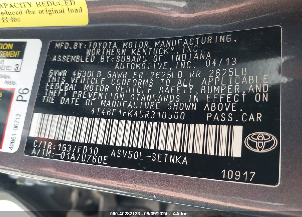 2013 TOYOTA CAMRY LE VIN: 4T4BF1FK4DR310500