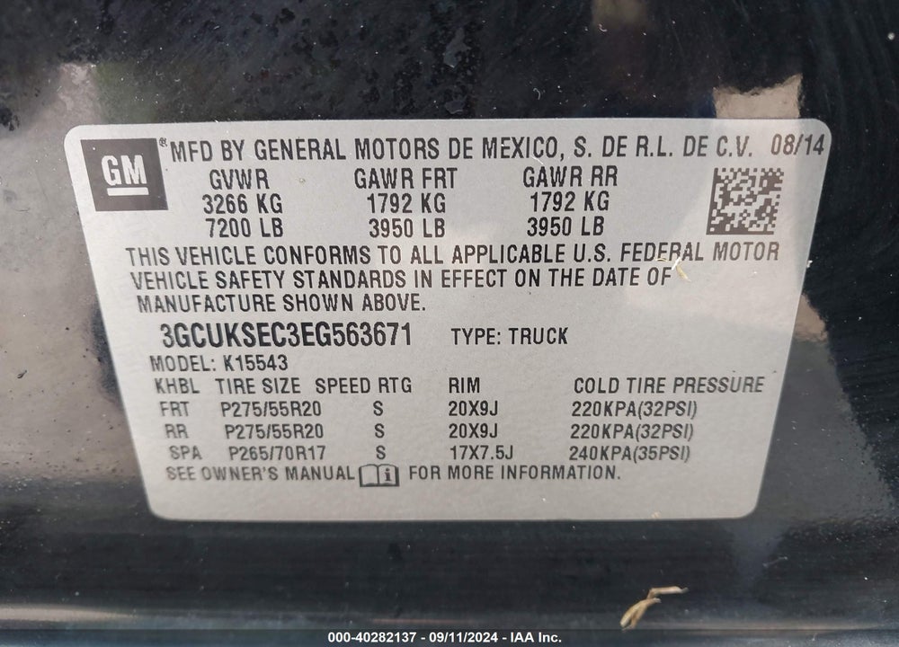 2014 CHEVROLET SILVERADO 1500 1LZ VIN: 3GCUKSEC3EG563671