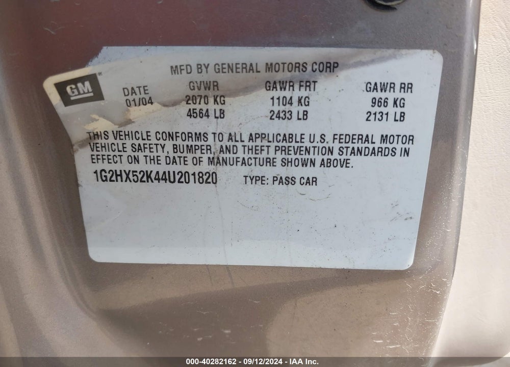 2004 PONTIAC BONNEVILLE SE VIN: 1G2HX52K44U201820