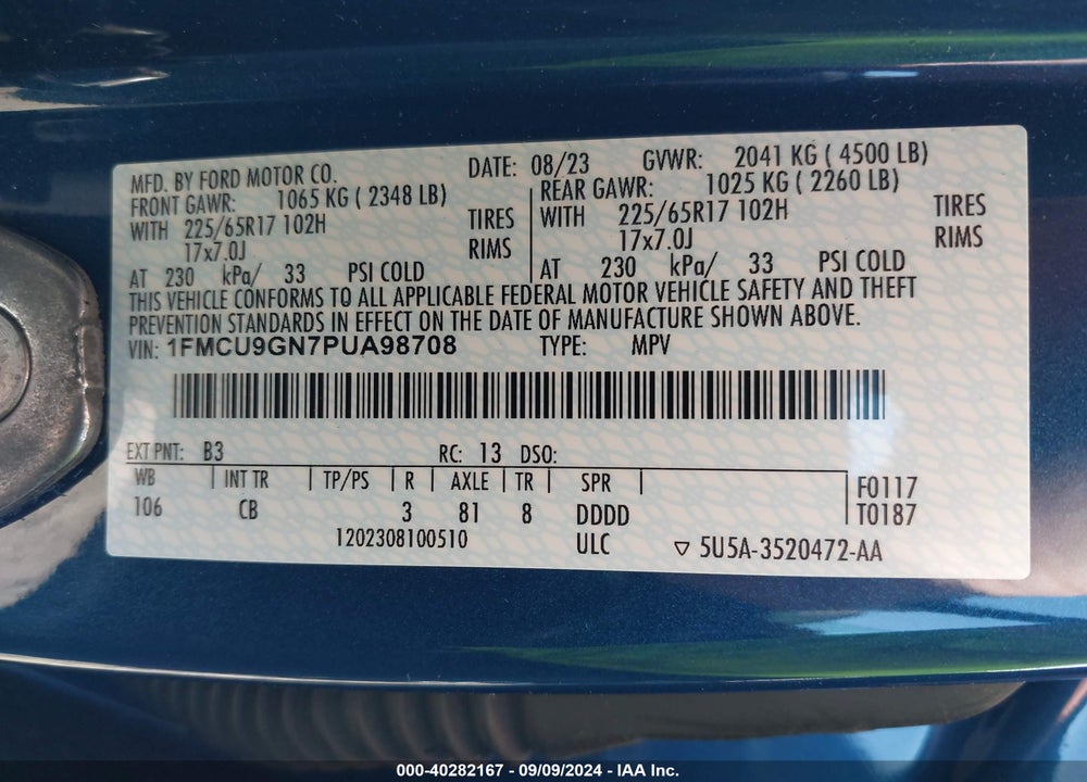2023 FORD ESCAPE ACTIVE VIN: 1FMCU9GN7PUA98708