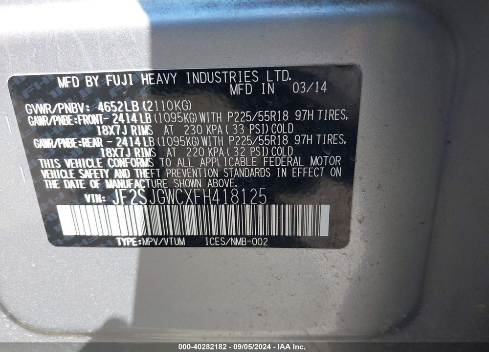 2015 SUBARU FORESTER 2.0XT TOURING VIN: JF2SJGWCXFH418125
