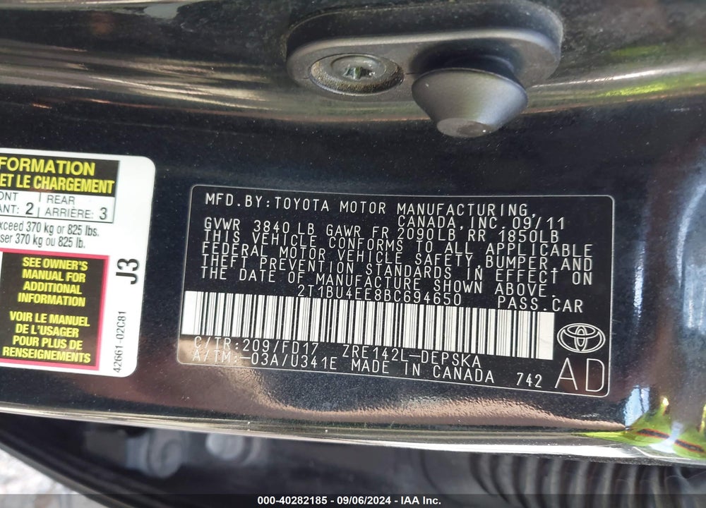 2011 TOYOTA COROLLA S VIN: 2T1BU4EE8BC694650