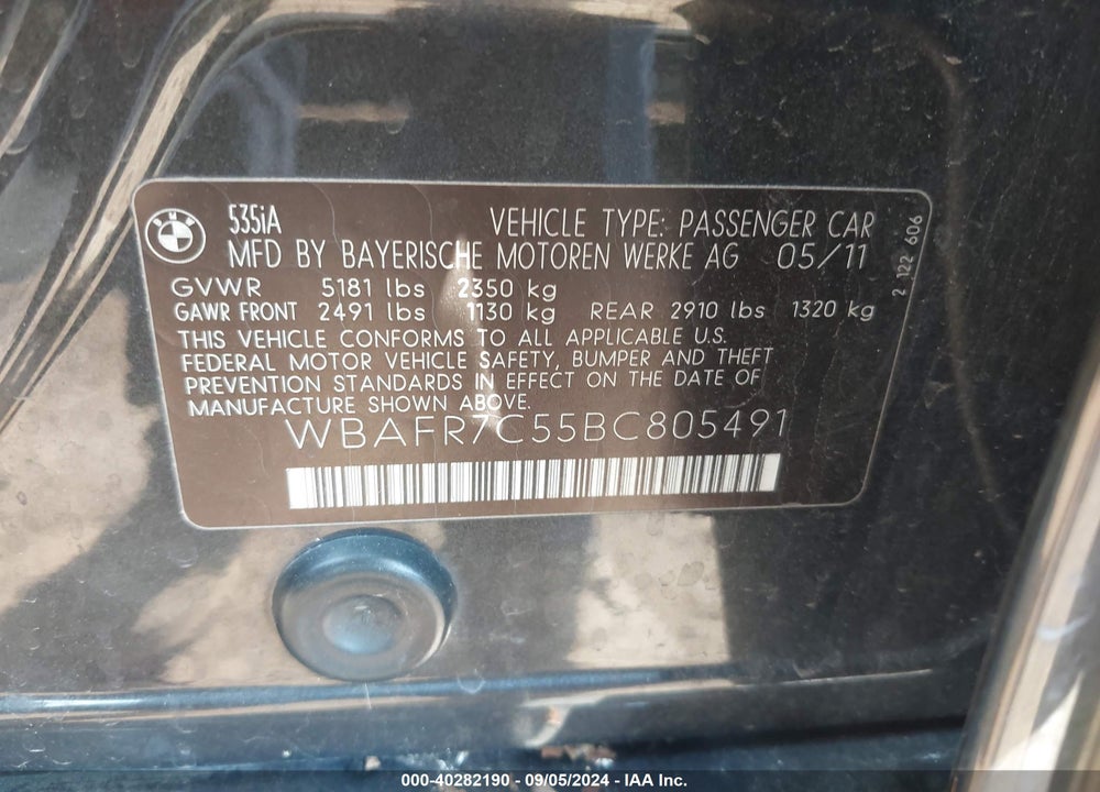 2011 BMW 535I VIN: WBAFR7C55BC805491