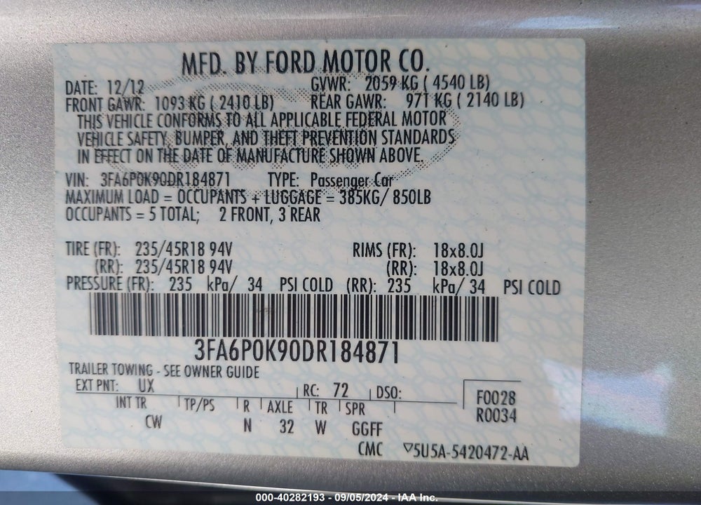 2013 FORD FUSION TITANIUM VIN: 3FA6P0K90DR184871