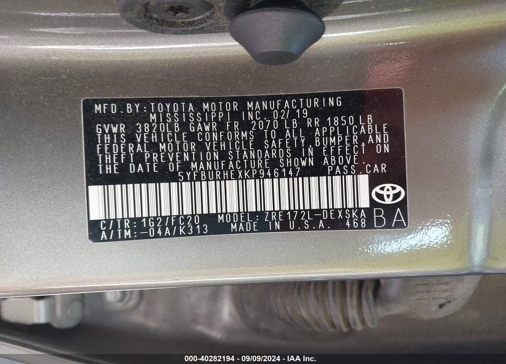 2019 TOYOTA COROLLA SE VIN: 5YFBURHEXKP946147