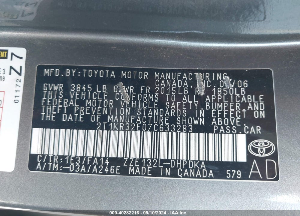 2007 TOYOTA MATRIX VIN: 2T1KR32E07C633283