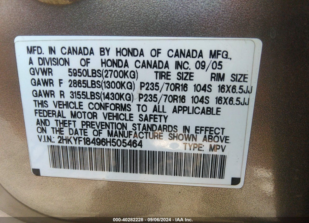2006 HONDA PILOT EX VIN: 2HKYF18496H505464