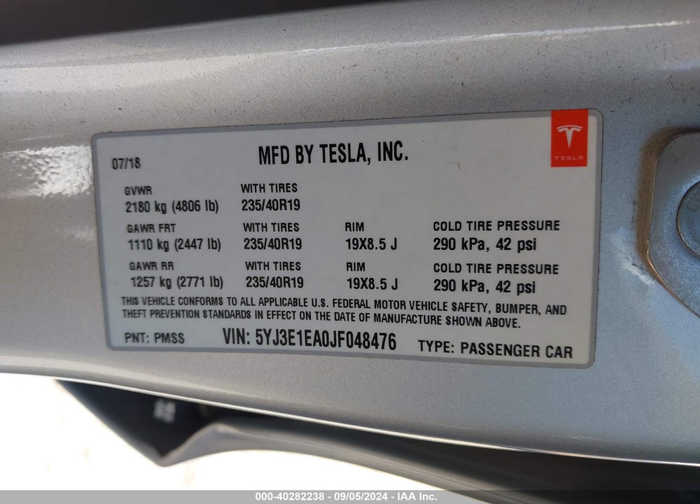 2018 TESLA MODEL 3 LONG RANGE/MID RANGE VIN: 5YJ3E1EA0JF048476