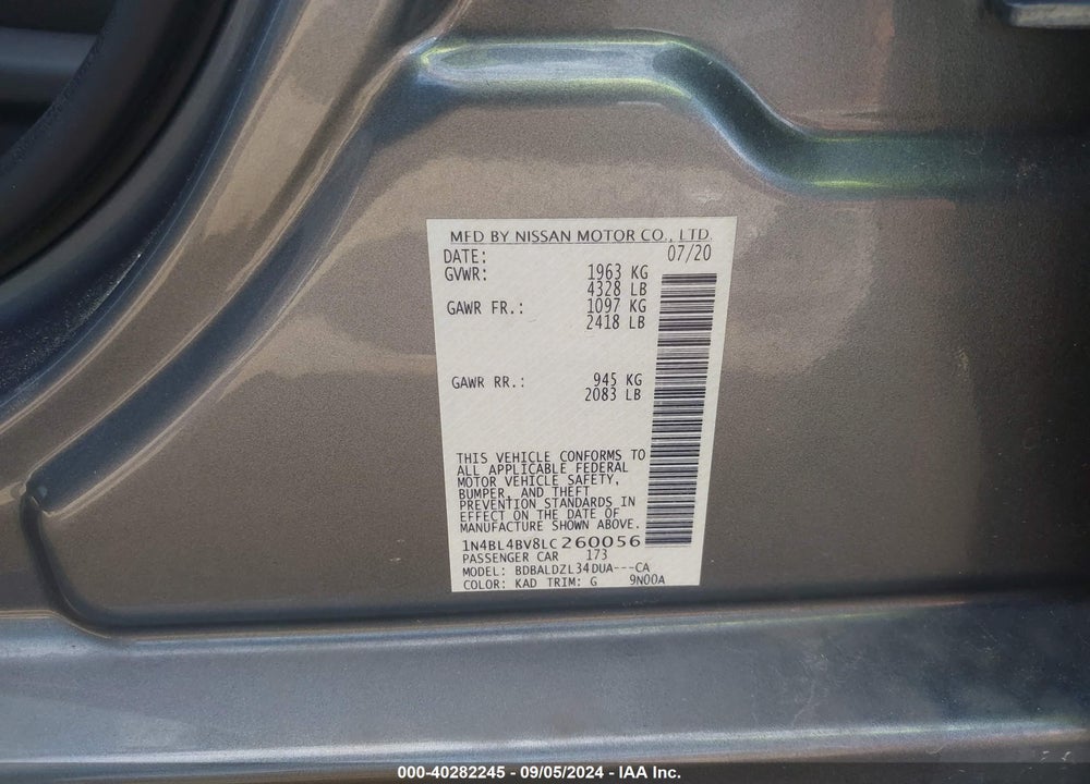 2020 NISSAN ALTIMA S FWD VIN: 1N4BL4BV8LC260056