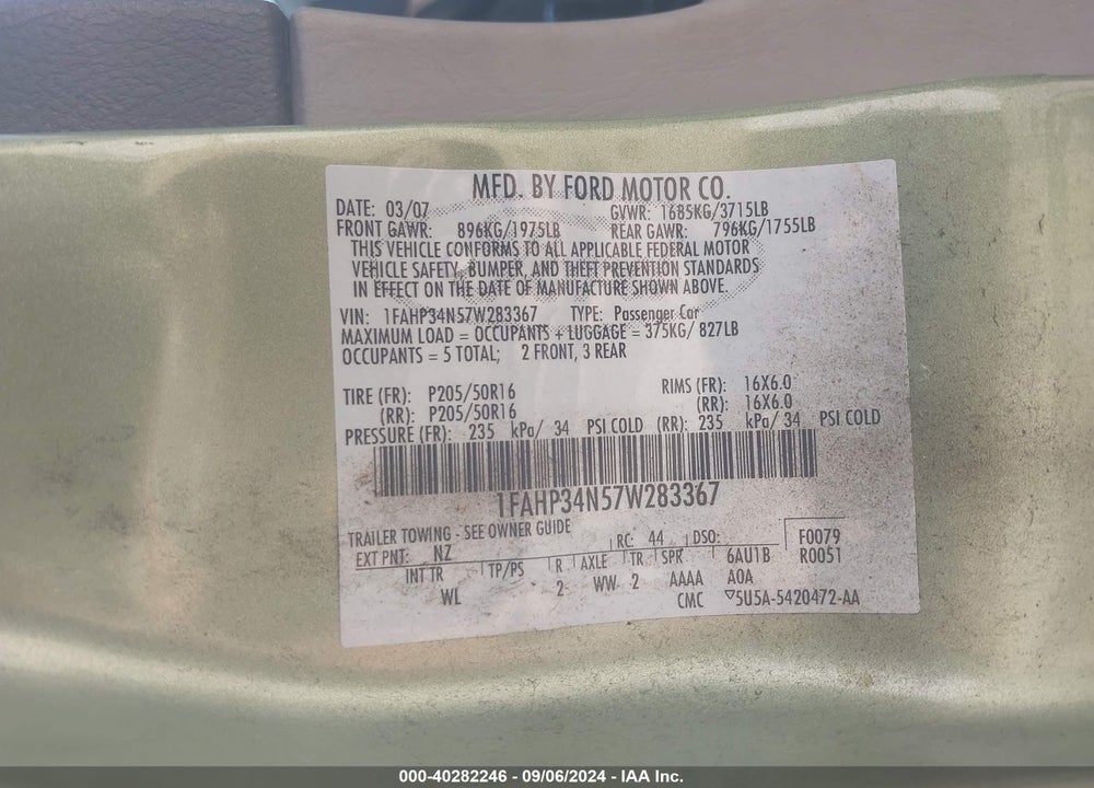 2007 FORD FOCUS S/SE/SES VIN: 1FAHP34N57W283367