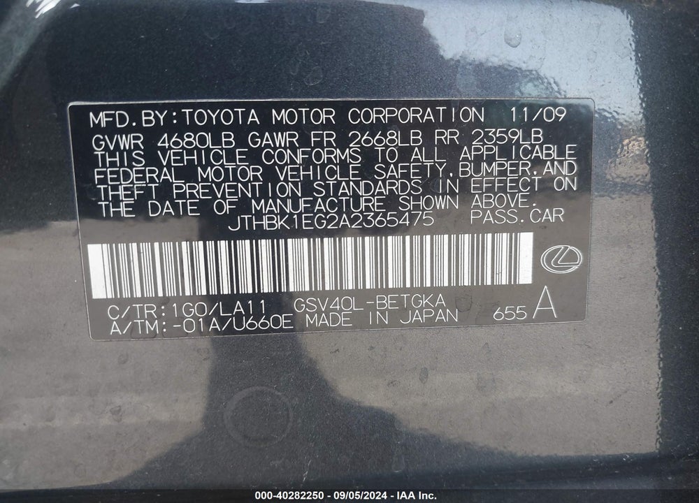 2010 LEXUS ES 350 VIN: JTHBK1EG2A2365475