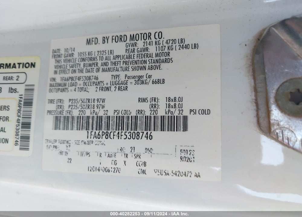 2015 FORD MUSTANG GT VIN: 1FA6P8CF4F5308746