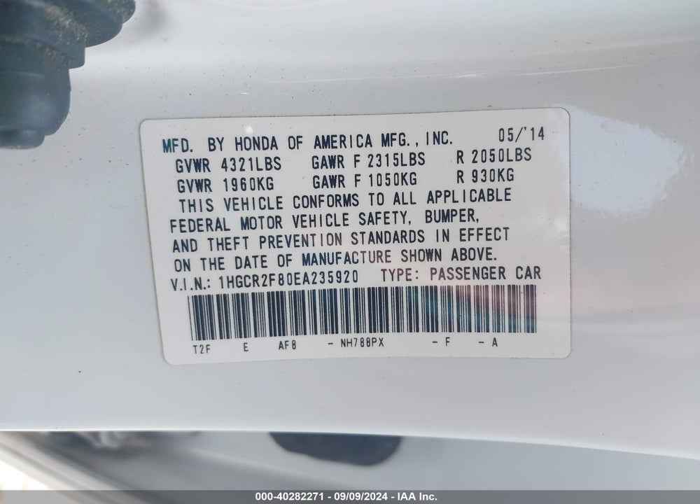 2014 HONDA ACCORD EX-L VIN: 1HGCR2F80EA235920