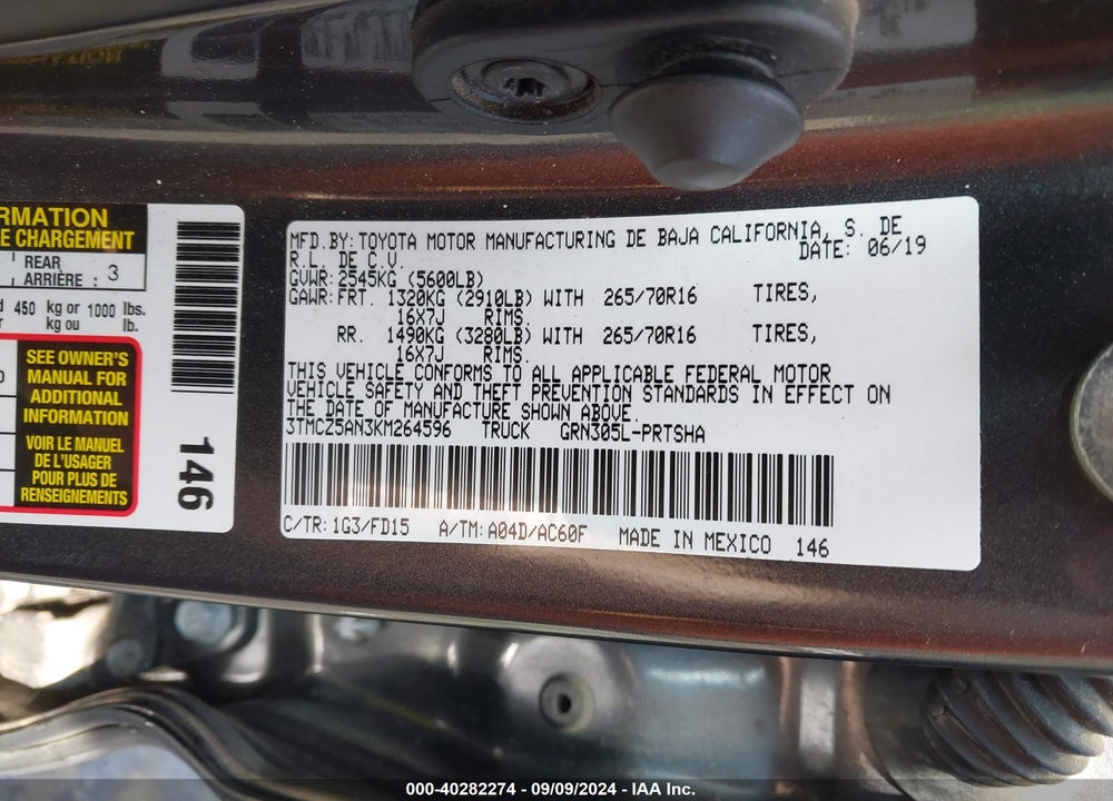 2019 TOYOTA TACOMA TRD OFF ROAD VIN: 3TMCZ5AN3KM264596