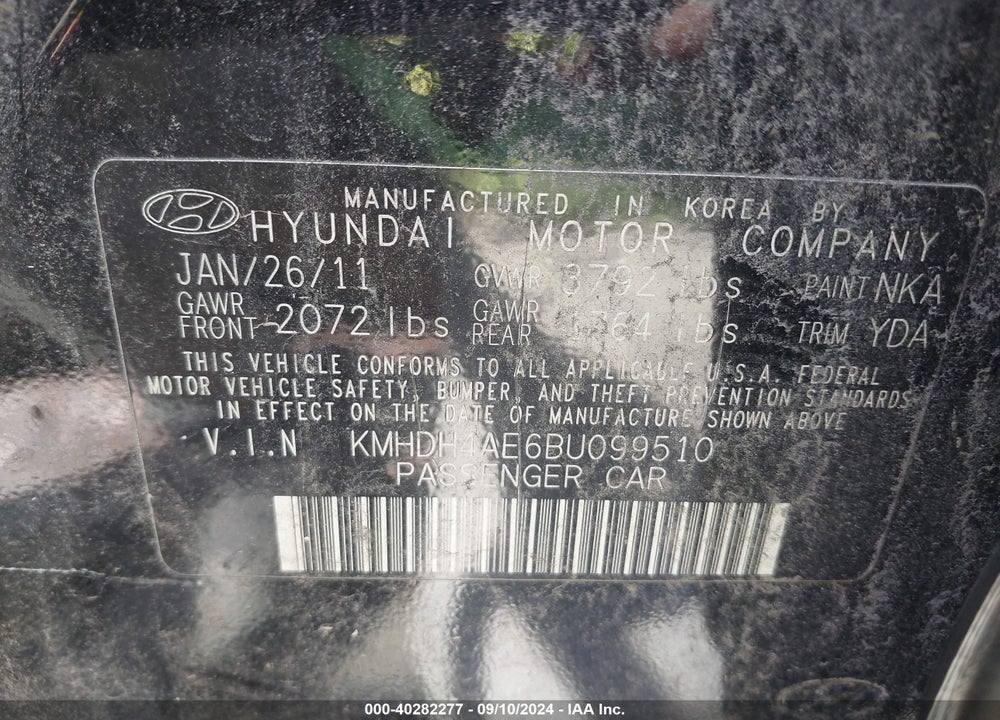 2011 HYUNDAI ELANTRA LIMITED (ULSAN PLANT) VIN: KMHDH4AE6BU099510