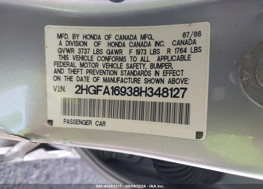 2008 HONDA CIVIC EX-L VIN: 2HGFA16938H348127