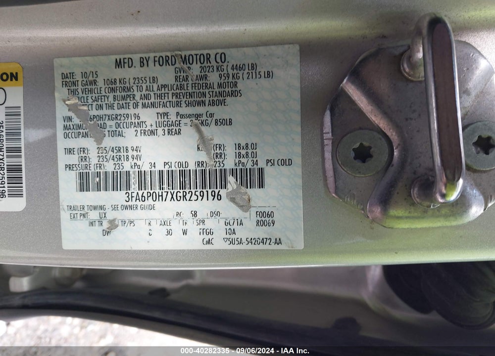 2016 FORD FUSION VIN: 3FA6P0H7XGR259196