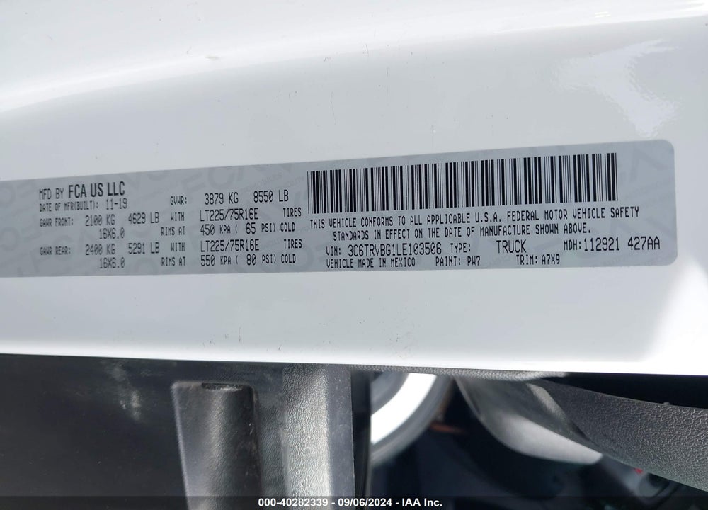 2020 RAM PROMASTER 1500 HIGH ROOF 136 WB VIN: 3C6TRVBG1LE103506