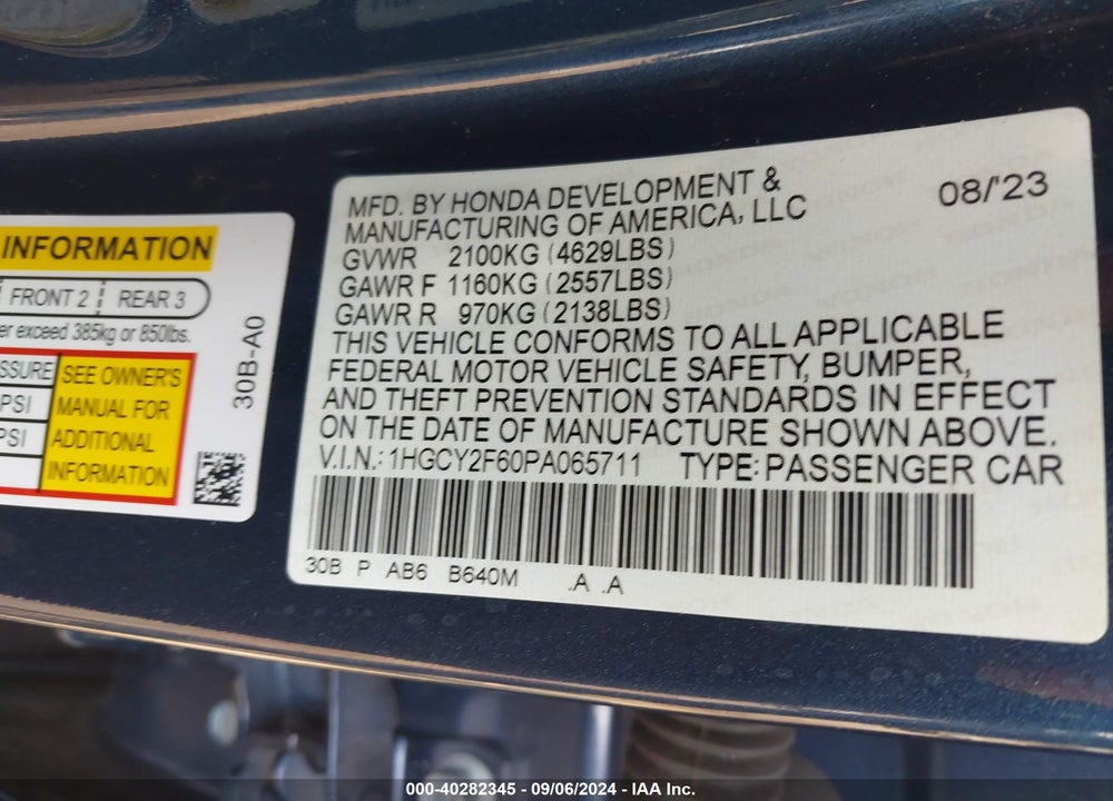 2023 HONDA ACCORD HYBRID EX-L VIN: 1HGCY2F60PA065711