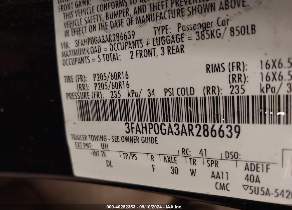 2010 FORD FUSION S VIN: 3FAHP0GA3AR286639
