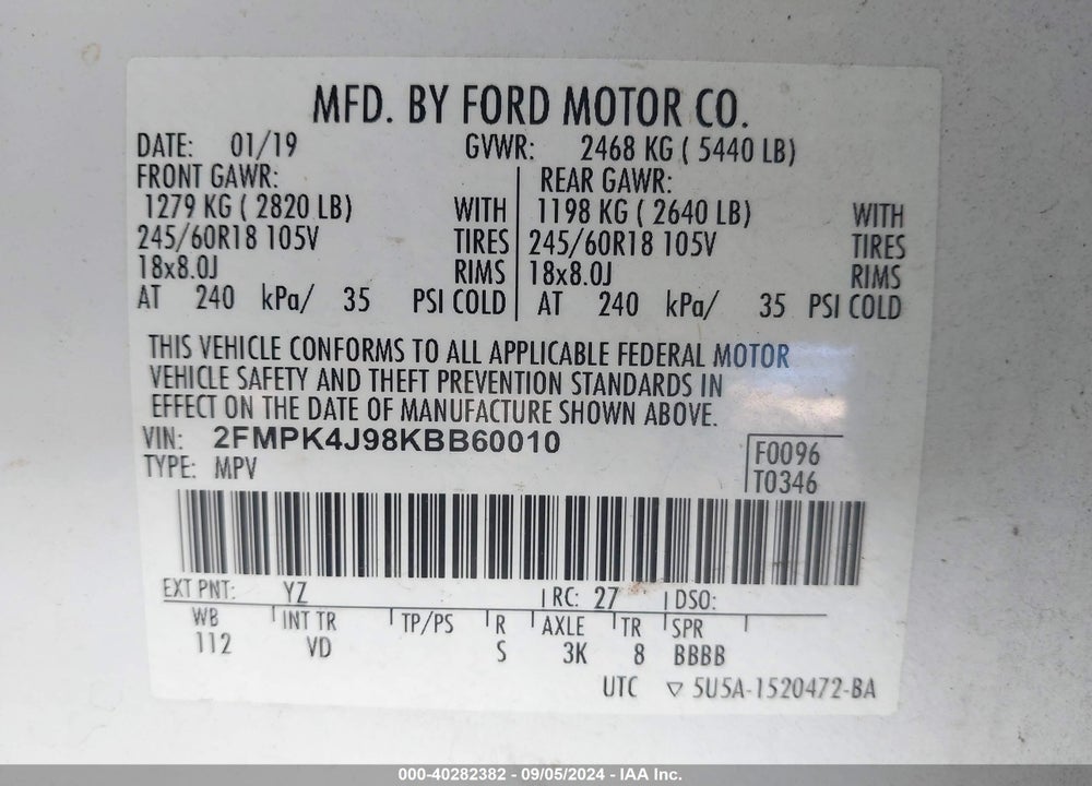 2019 FORD EDGE SEL VIN: 2FMPK4J98KBB60010