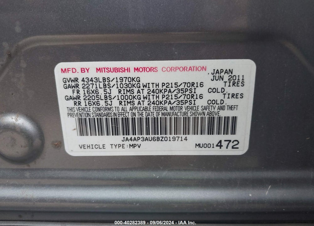 2011 MITSUBISHI OUTLANDER SPORT ES VIN: JA4AP3AU6BZ019714