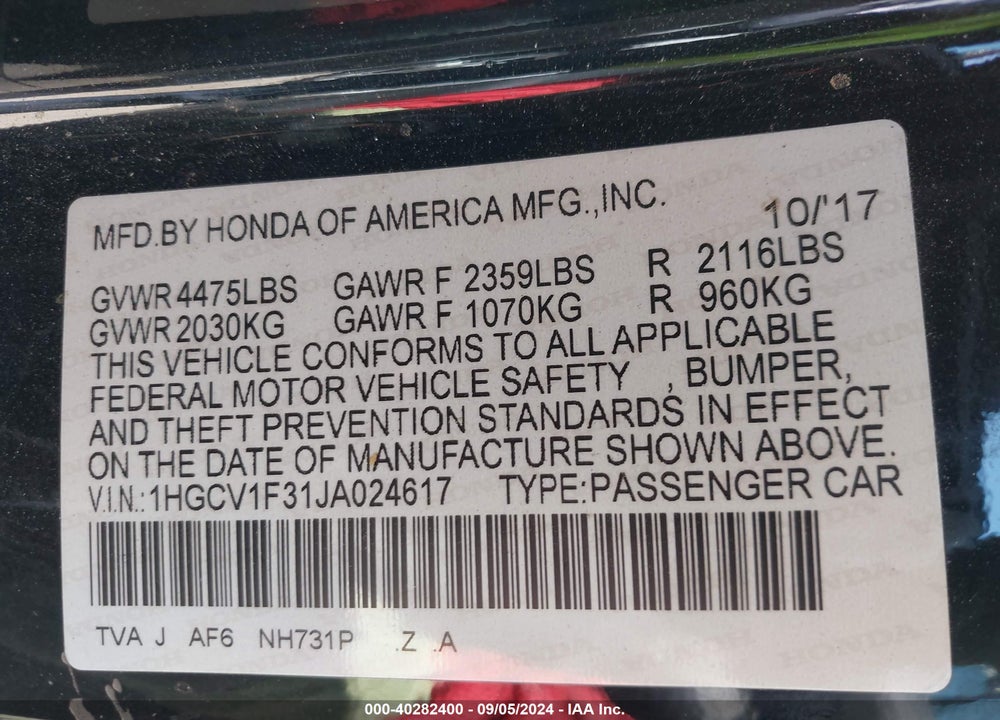2018 HONDA ACCORD SPORT VIN: 1HGCV1F31JA024617