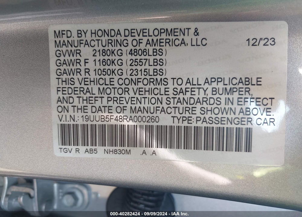 2024 ACURA TLX TECHNOLOGY PACKAGE VIN: 19UUB5F48RA000260