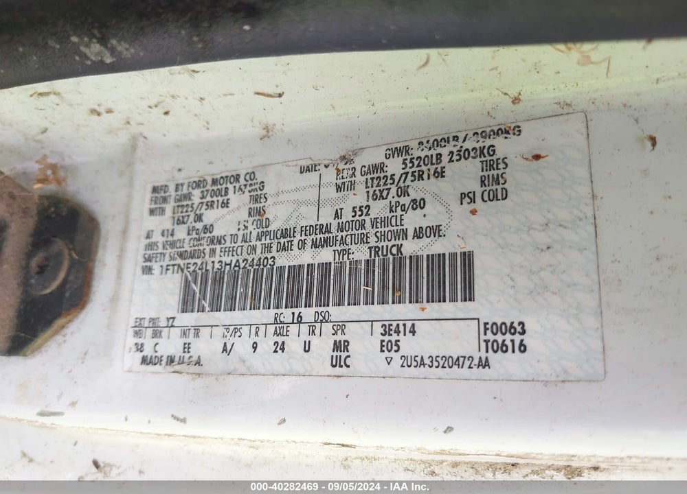 2003 FORD E-250 COMMERCIAL/RECREATIONAL VIN: 1FTNE24L13HA24403