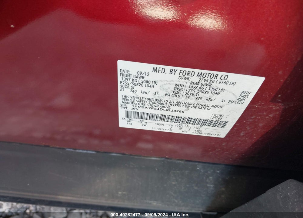 2013 FORD EXPLORER LIMITED VIN: 1FM5K7F84DGB24285