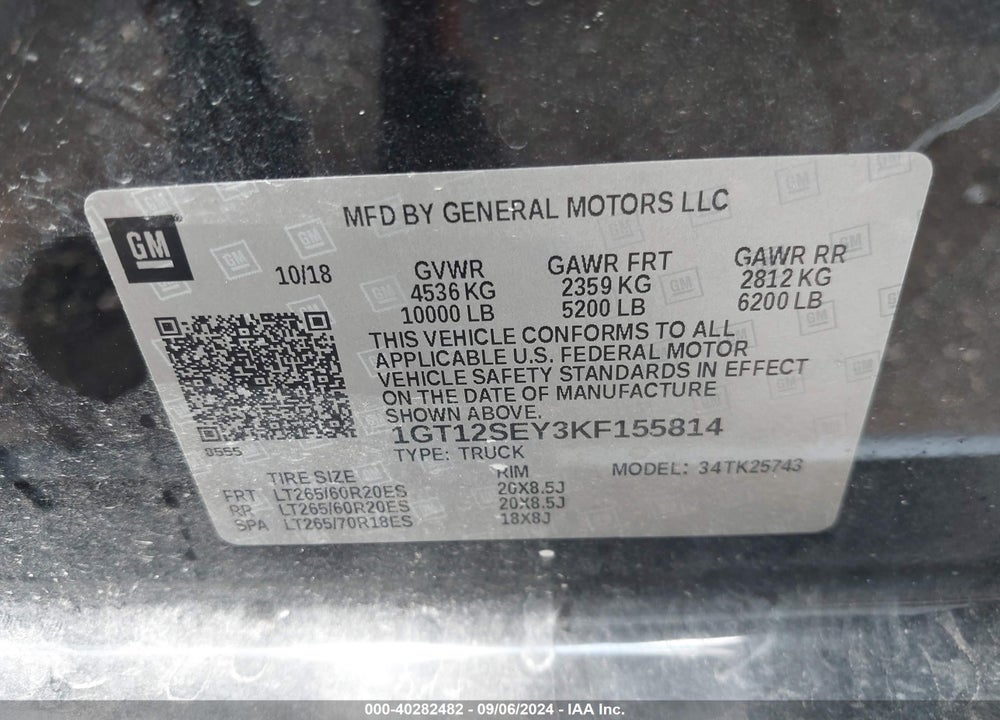 2019 GMC SIERRA 2500HD DENALI VIN: 1GT12SEY3KF155814