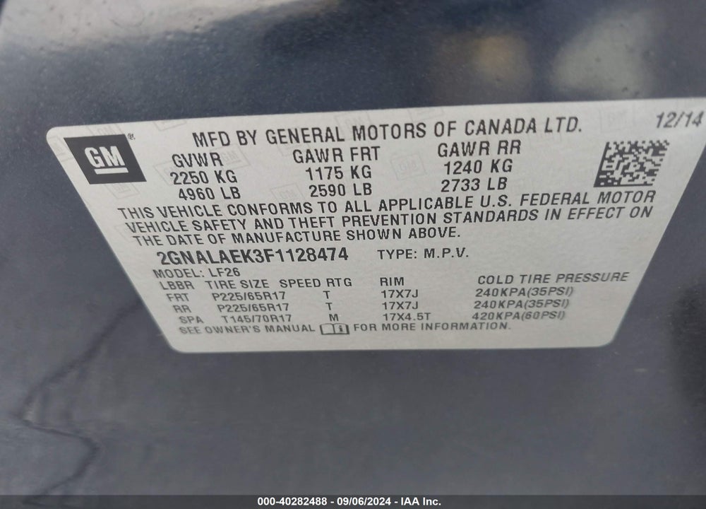 2015 CHEVROLET EQUINOX LS VIN: 2GNALAEK3F1128474