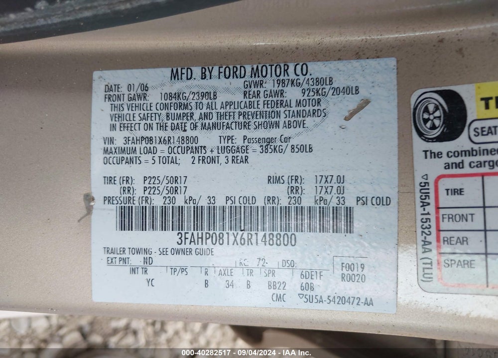 2006 FORD FUSION VIN: 3FAHP081X6R148800