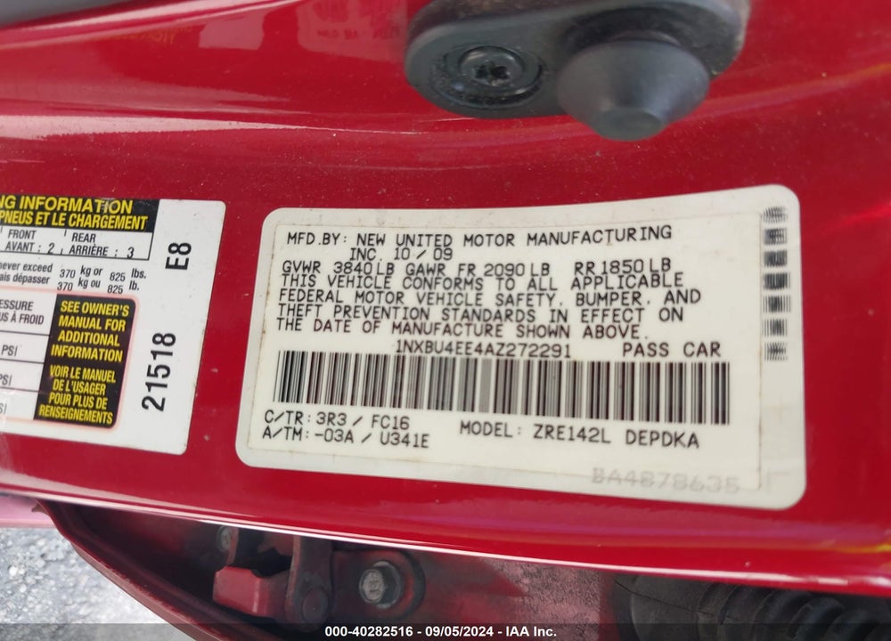 2010 TOYOTA COROLLA LE VIN: 1NXBU4EE4AZ272291