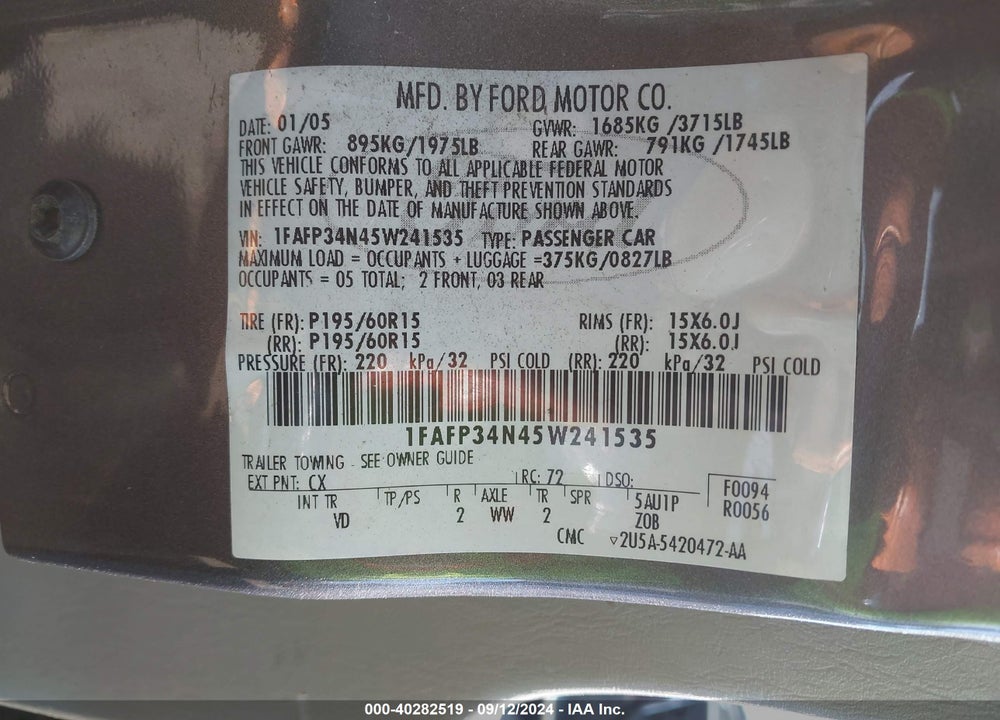 2005 FORD FOCUS ZX4 VIN: 1FAFP34N45W241535