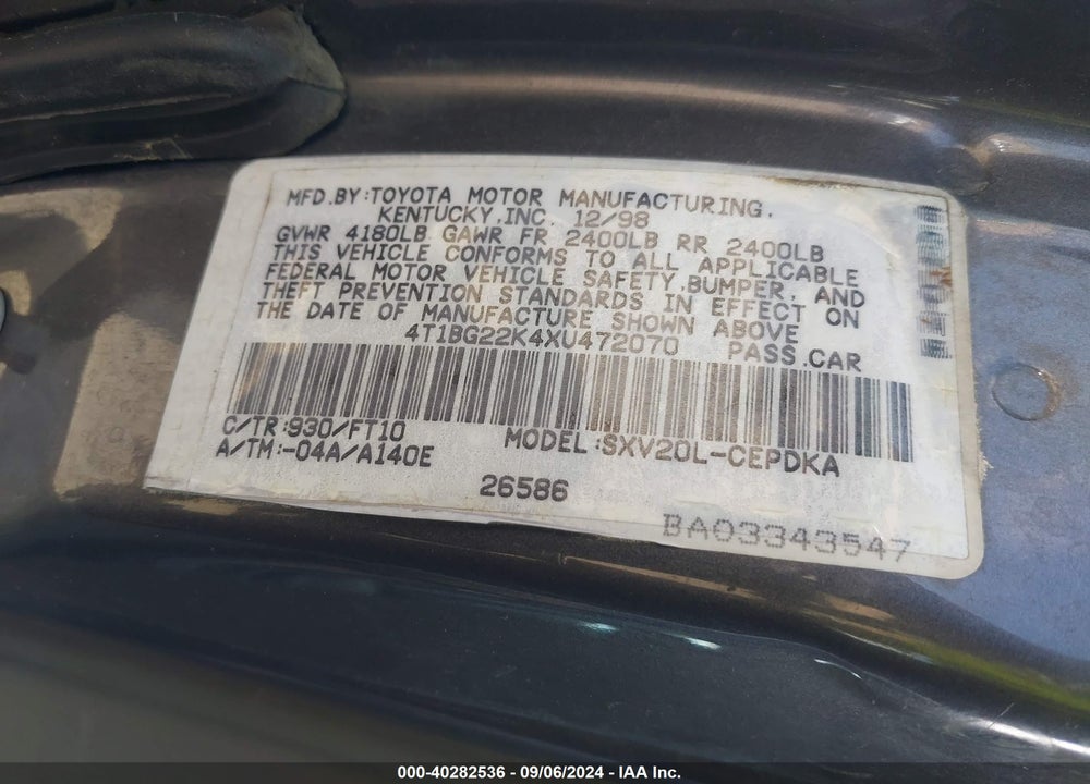 1999 TOYOTA CAMRY CE VIN: 4T1BG22K4XU472070