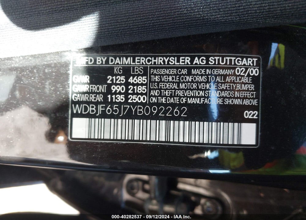 2000 MERCEDES-BENZ E 320 VIN: WDBJF65J7YB092262