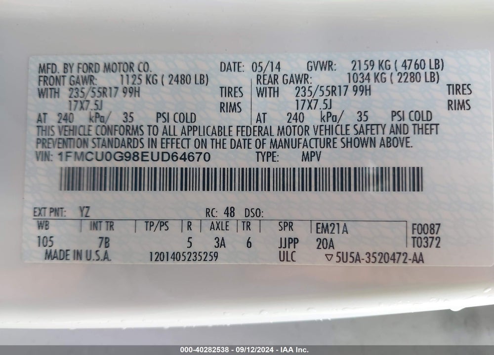 2014 FORD ESCAPE SE VIN: 1FMCU0G98EUD64670