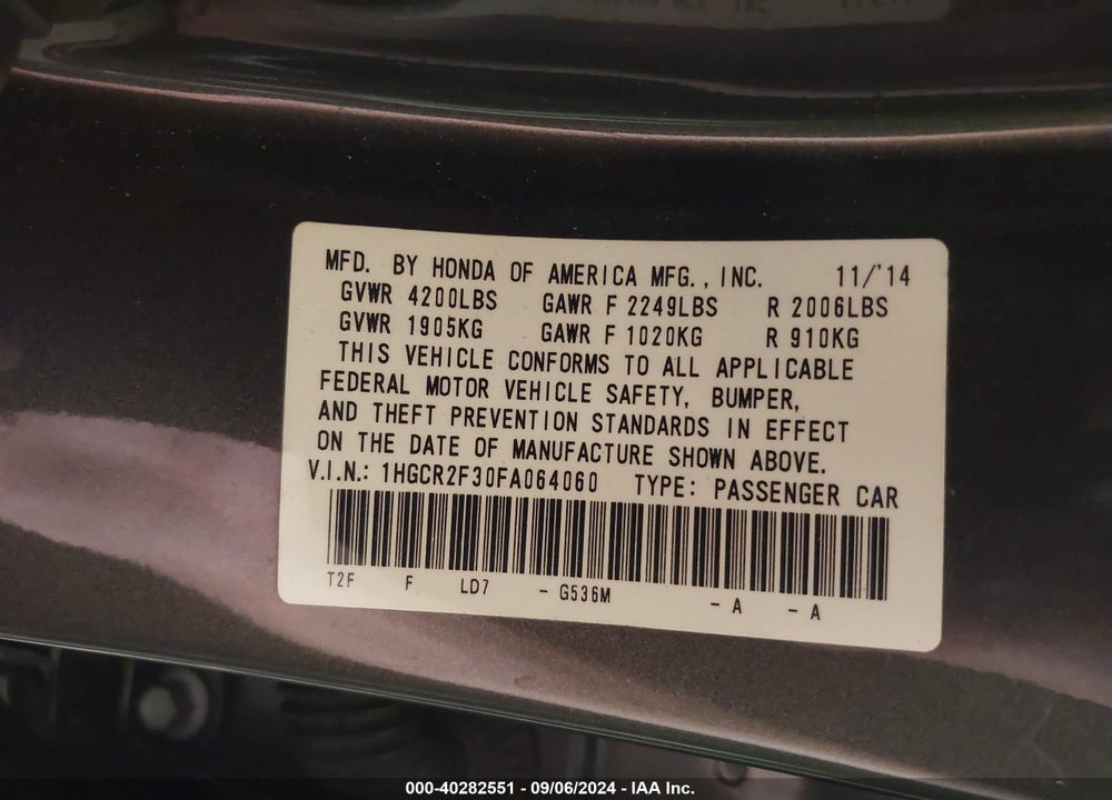 2015 HONDA ACCORD VIN: 1HGCR2F30FA064060