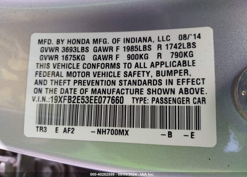 2014 HONDA CIVIC LX VIN: 19XFB2E53EE077660