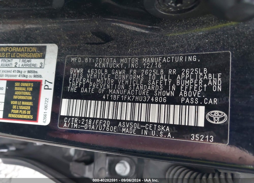 2017 TOYOTA CAMRY SE VIN: 4T1BF1FK7HU374806