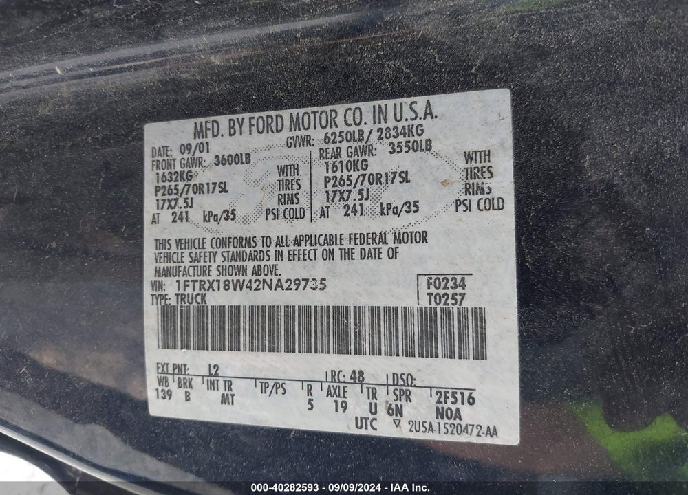 2002 FORD F-150 LARIAT/XL/XLT VIN: 1FTRX18W42NA29735