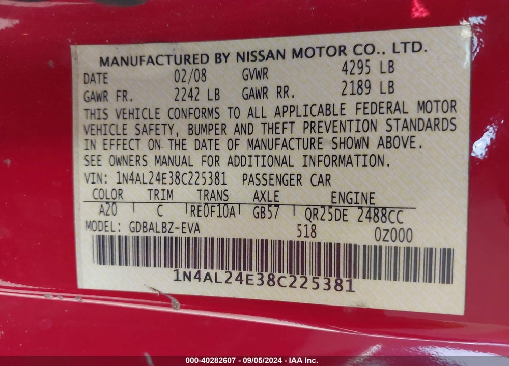 2008 NISSAN ALTIMA 2.5 S VIN: 1N4AL24E38C225381