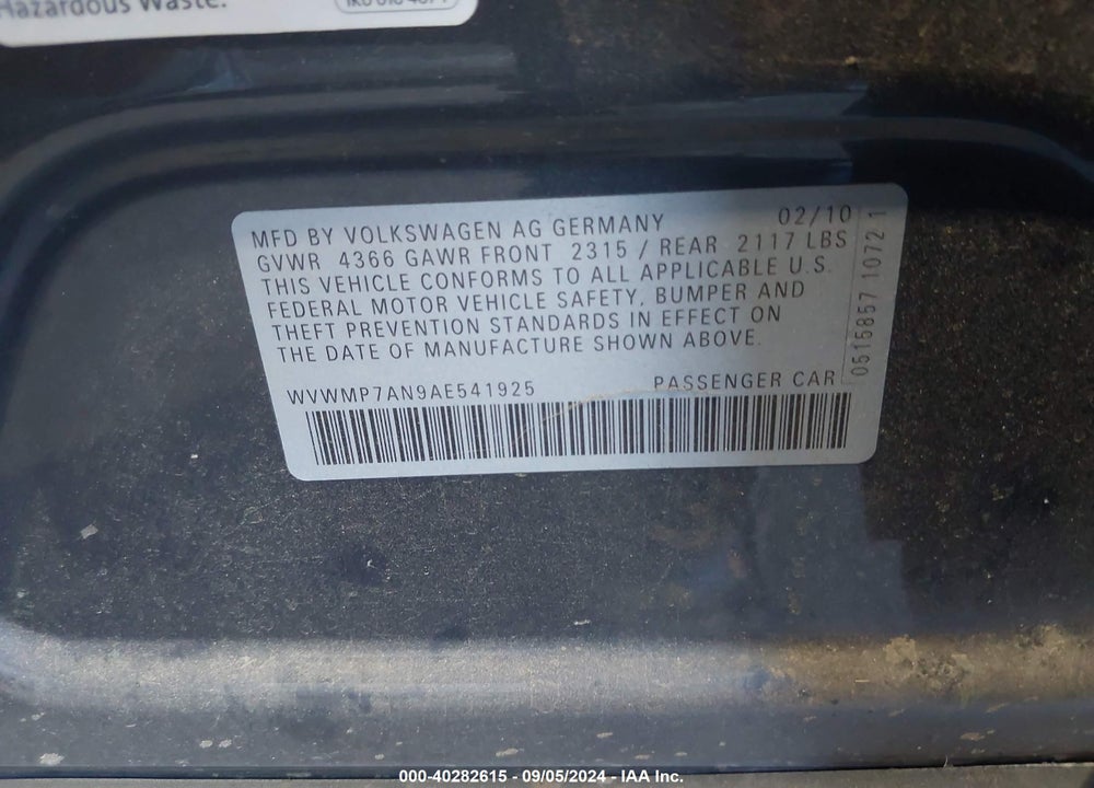2010 VOLKSWAGEN CC SPORT VIN: WVWMP7AN9AE541925