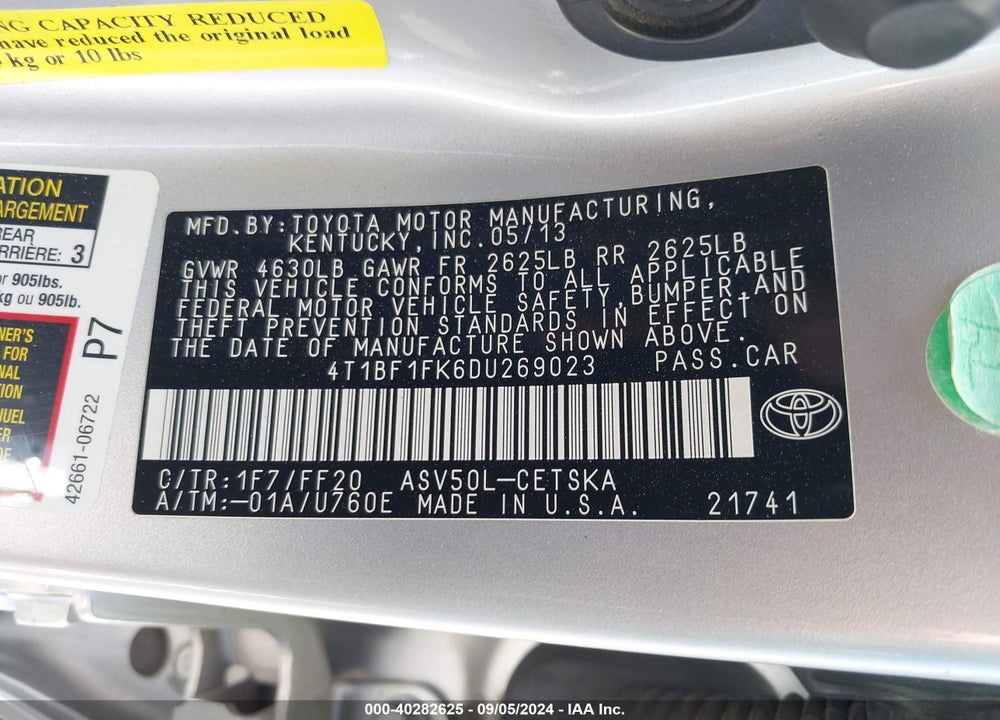 2013 TOYOTA CAMRY SE VIN: 4T1BF1FK6DU269023