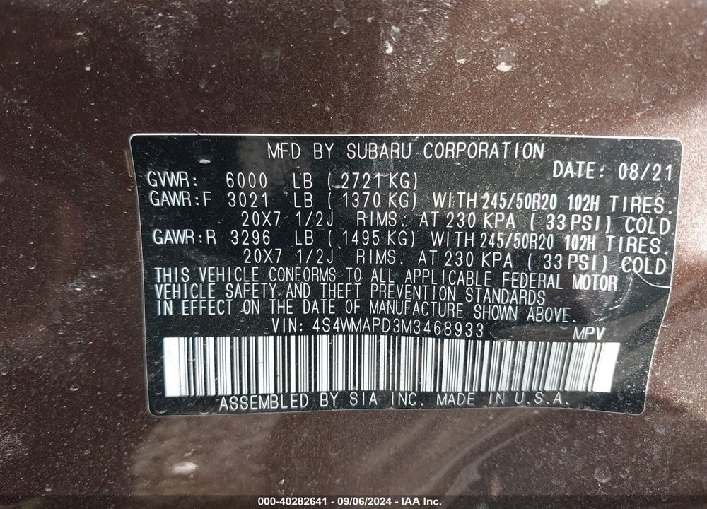 2021 SUBARU ASCENT LIMITED VIN: 4S4WMAPD3M3468933